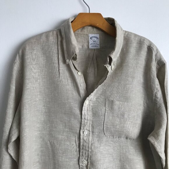 Brooks Brothers Linen Button Front Shirt Beige Long Sleeve Mens L - Picture 2 of 7